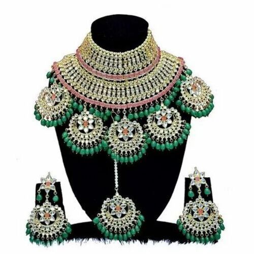 Wedding Wear Polished Brass Artificial Bridal Jewelry Set With Earrings And Mangtika