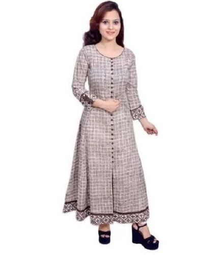 Full Sleeves Printed And Round Neck Long Kurti