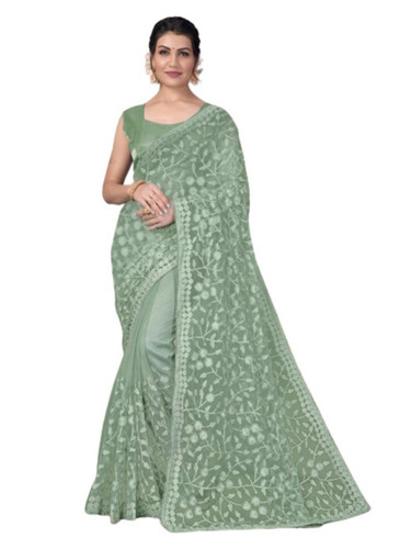 Party Wear Soft Anti Wrinkle Net Embroidery Saree With Blouse Piece