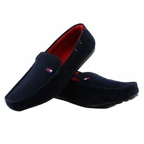 Navy Blue And Black Tpr Sole Plain Dyed Denim Comfortable Flat Loafer Shoe For Men