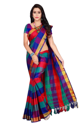 Casual Wear Bollywood Style Check Print Soft Cotton Silk Saree With Blouse