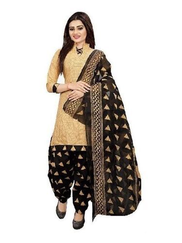 Light Brown And Black Casual Wear Hypoallergenic Printed Cotton Salwar Suit With Dupatta