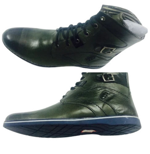 Green Rubber Outsole Lace Closure And Ankle Length Leather Boots For Mens