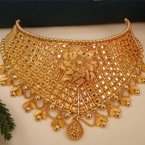 Buy Unique Leaf Design Net Pattern Gold Plated Haram Necklace Set