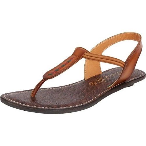 Brown Flat Heel Elastic Closer Pu Fancy Sandals For Womens 