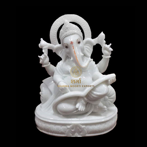 Rings Handmade Polished White Marble Lord Ganesha Statue For Temple