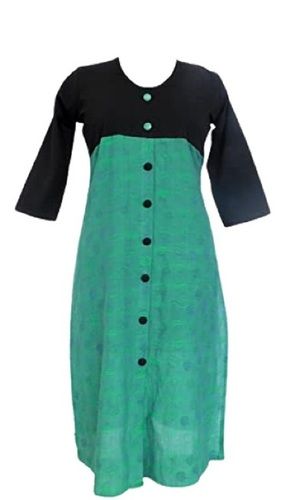 Satin Ladies Plain Casual Wear Green With Black Cotton Kurti