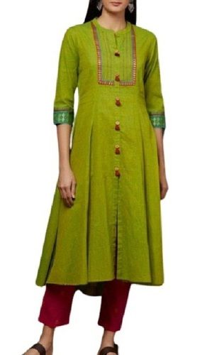 Ladies Plain Green 3/4Th Sleeve Cotton Kurti Bust Size: 29 Inch (In)