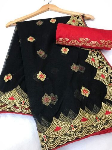 Ladies Printed Cotton Net Saree With Blouse For Party Wear