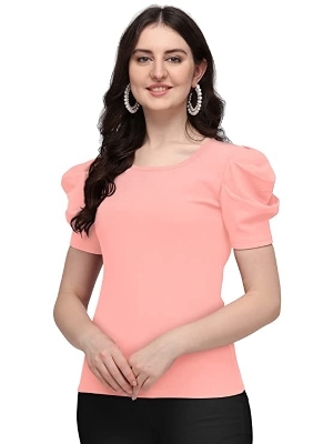 Ladies Top - Lycra Fabric, S-XL, Mustard Red Maroon Navy Blue Black Baby Pink Steel White, Regular Fit | Comfortable Casual Puff Sleeve