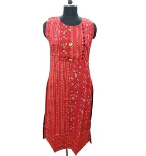 Lightweight Printed Sleeveless Round Neck Cotton Kurti For Ladies Bust Size: 32 Inch (In)