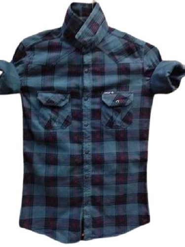 Mens Checks Full Sleeve Navy Blue Cotton Shirt Chest Size: 44 Inch