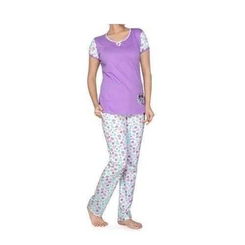 Purple And White Round Neck Short Sleeves Printed Cotton Night Suit For Ladies Use