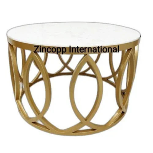 30 Inch Polished Round Metal Coffee Table With Marble Top