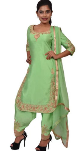 Green 3 By 4 Sleeve Round Neck Embroidered Silk Suits For Ladies