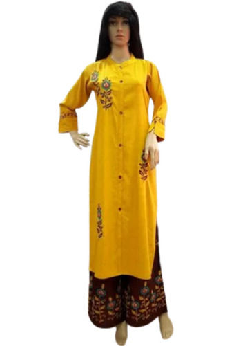 Yellow And Brown Festival Wear Long Sleeve Embroidered Palazzo Suit For Party Wear