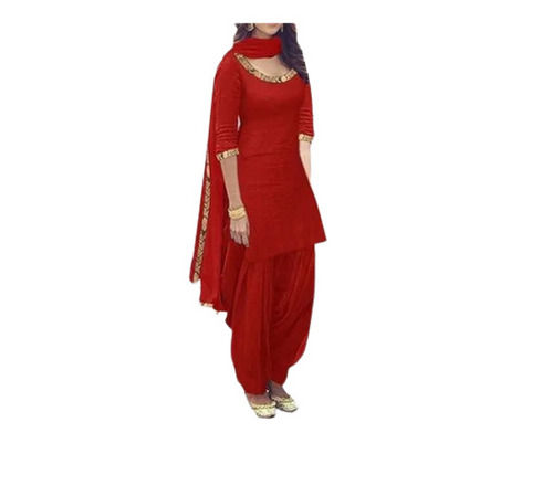 Red 3By 4Th Sleeves Casual Wear Rayon Plain Patiala Suit 