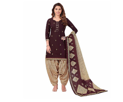 Brown 3By 4Th Sleeves Cotton Printed Salwar Suits For Casual Wear Use