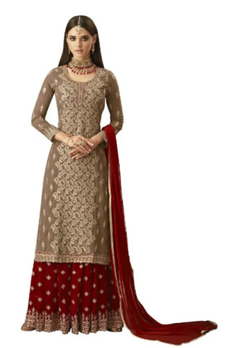 महिलाओं के लिए मैरॉन और ब्राउन फुल स्लीव एम्ब्रॉयडरी किया हुआ जॉर्जेट डिज़ाइनर सूट