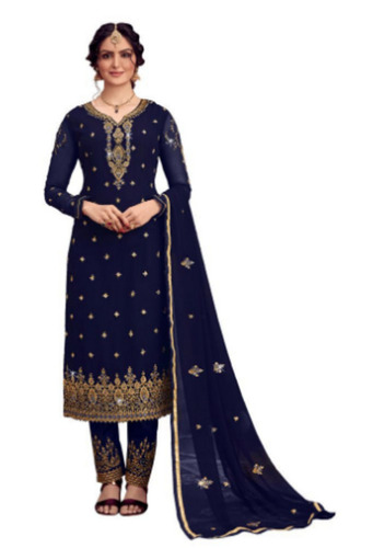 महिलाओं के लिए ब्लू पार्टी वियर फुल स्लीव एम्ब्रॉयडरी किया हुआ जॉर्जेट सूट