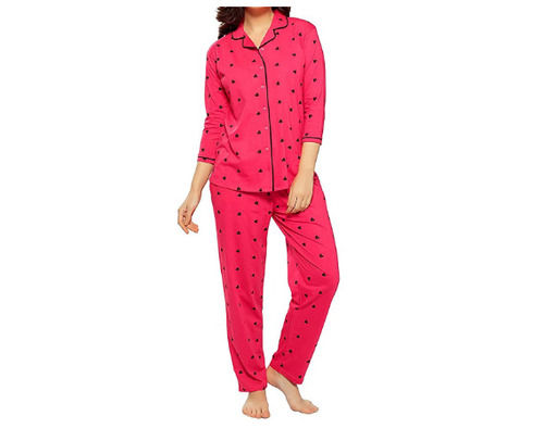 Pink 3 By 4Th Sleeves Cotton Printed Night Suit For Ladies