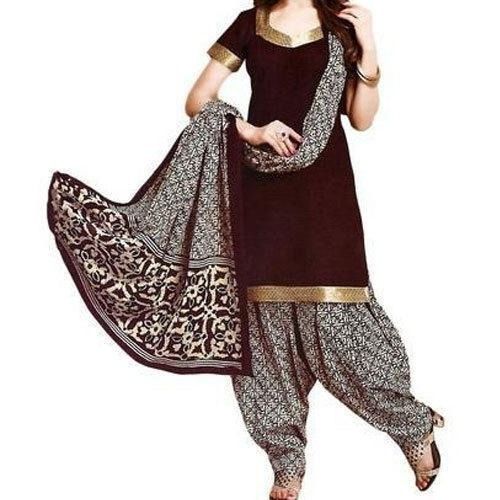 Brown And White Casual Wear Indian Style Unfadable Printed Cotton Salwar Suit With Dupatta