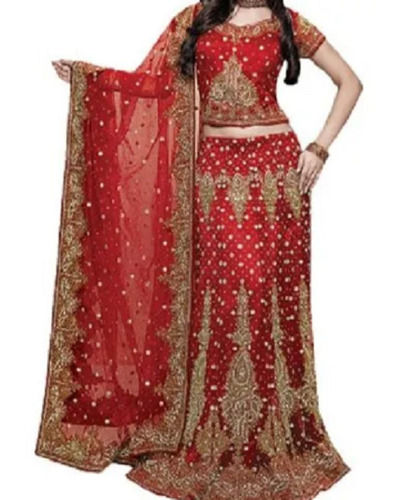 Red Half Sleeve Semi-Stitched Traditional Net Embroidered Lehenga