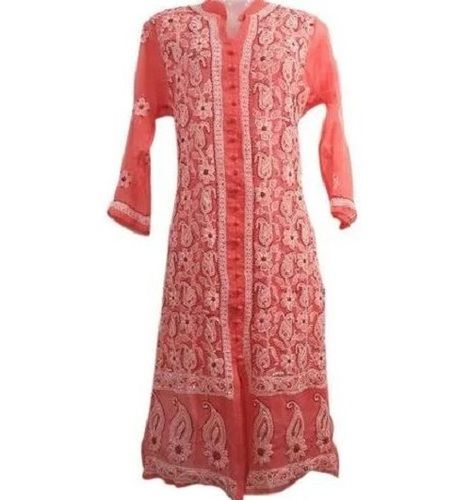 Quarter Sleeves Party Wear Georgette Chikan Embroidery Kurti Bust Size: 32 Inch (In)