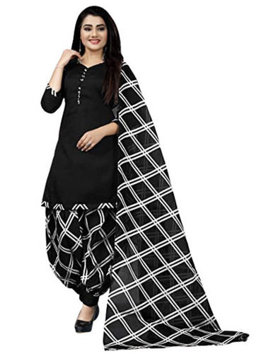 Black And White Quick Dry Anti Wrinkle Check Print Cotton Salwar Suit With Dupatta