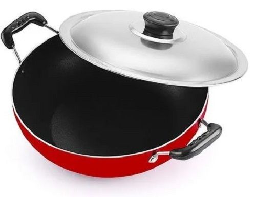 Round Polished Aluminum Non Stick Deep Kadai With Lid