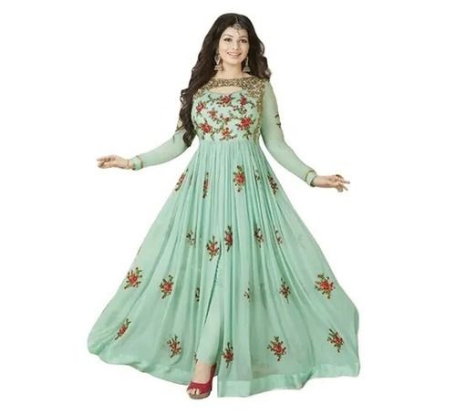 Light Green Washable And Breathable Full Sleeves Embroidered Semi-Stitched Anarkali Suits