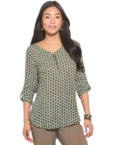 Light Green 3/4Th Sleeves Dotted Modern Cotton Top For Ladies