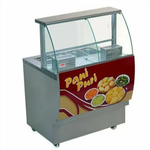 Silver Modern Polished Finish Smooth Stainless Steel And Glass Pani Puri Display Counter