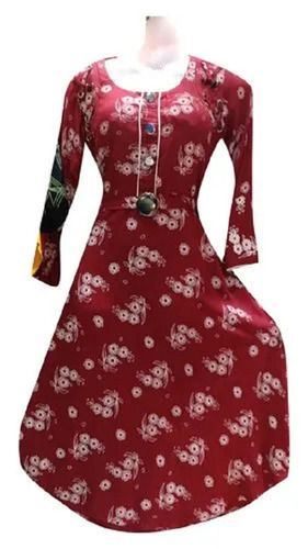 Casual Wear Breathable Printed Lace Decorated Round Neck Frock