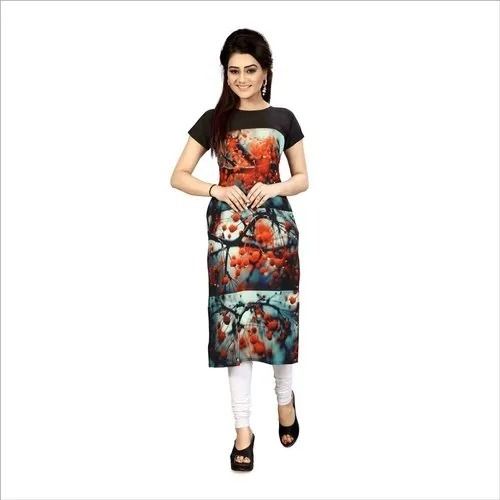 Casual Wear Short Sleeves And Round Neck Poly Cotton Printed Kurti For Ladies Bust Size: 32 Inch (In)