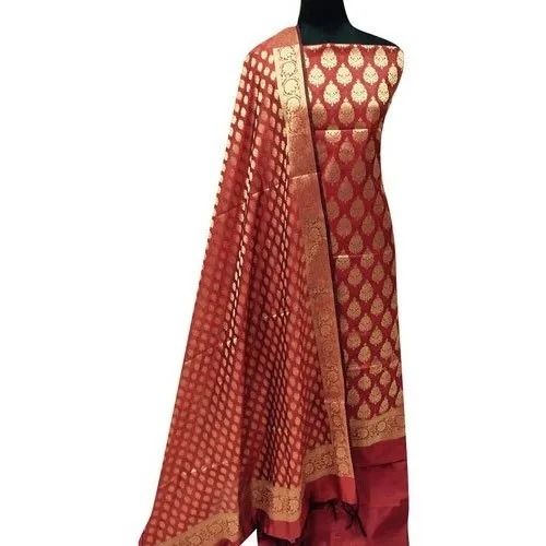 Red And Golden Skin Friendly Printed Cotton Unstitched Salwar Suit With Dupatta