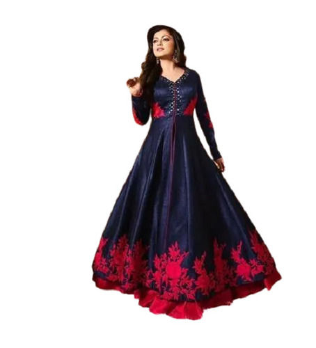 Navy Blue And Red Embroidered Full Sleeves Printed Cotton Gown For Ladies