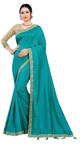 Sky Blue Traditional Wear Zari Work Plain Polyester Saree With Blouse Piece