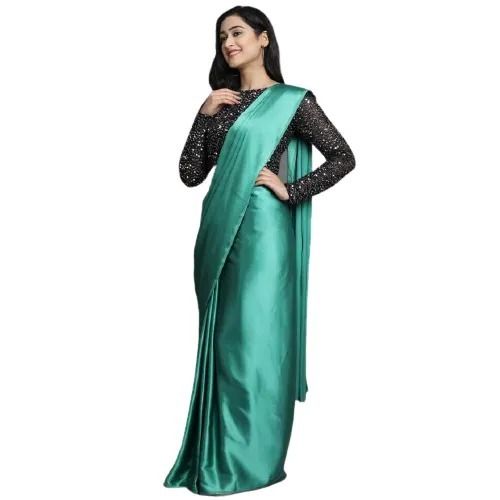 Sea Green Women Casual Wear Plain Bollywood Silk Saree With Blouse Piece