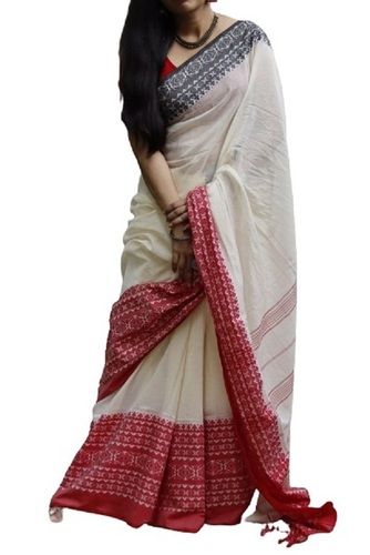 White Banarasi Style Plain Pattern Casual Wear Cotton Silk Saree For Ladies