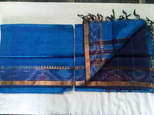 Ladies Mangalagiri Blue Silk Border Cotton Saree With Blouse Piece