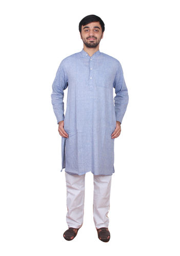 Blue Plain Traditional Full Sleeves Khadi Kurta And Pajama Set