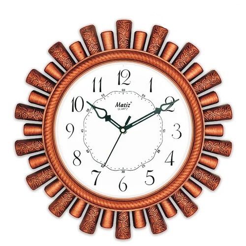 Brown Polished Finish Round Wooden And Glass Designer Wall Clock