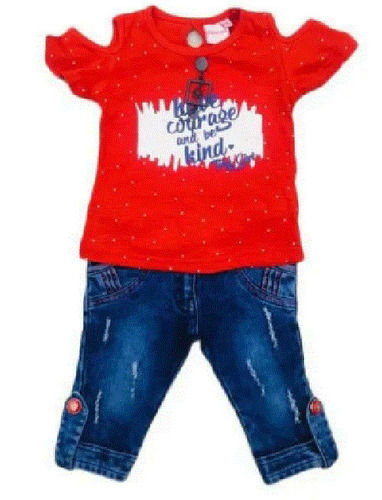 Short Sleeve Cotton And Denim Printed Top And Jeans For Party Wear Age Group: 4 Year Above