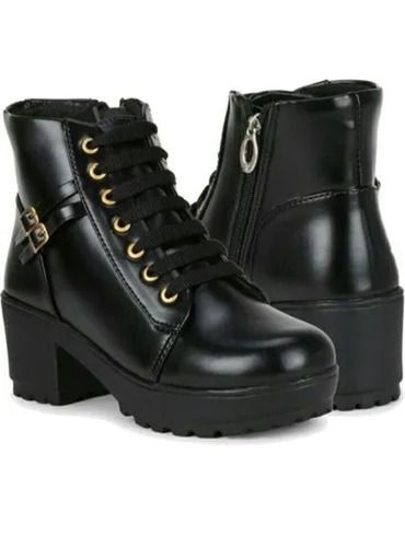 Black  Casual Wear Lightweight Slip Resistant Leather And Pu High-Ankle Boot For Ladies