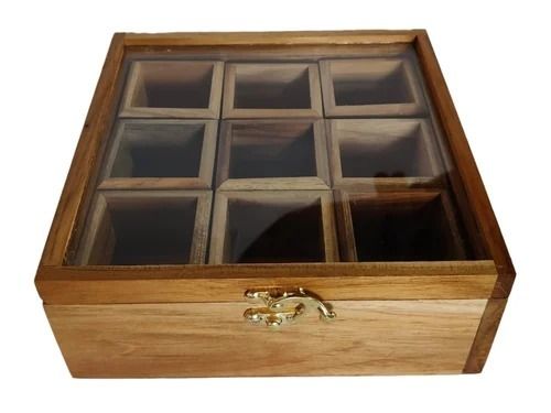 Brown 8X8X2.5 Inches Premium Quality Designed Wooden Spice Box