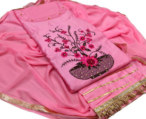 Pink Casual Wear Breathable Semi Stitched Embroidered Cotton Suit