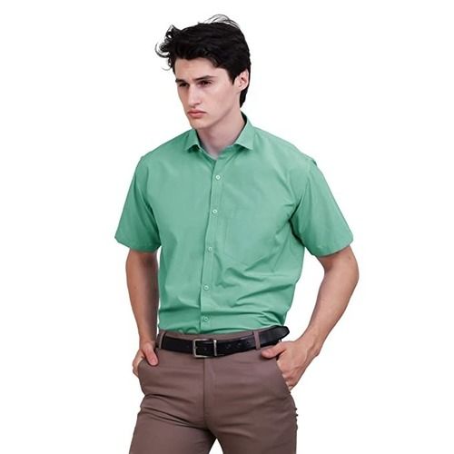 Green Skin Friendly Button Closure Cotton Half Sleeve Shirt For Mens