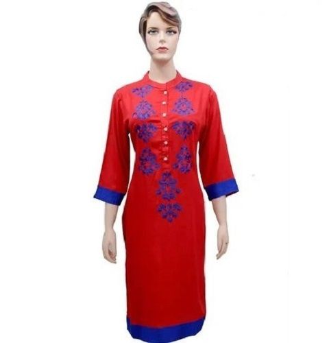 3 By 4 Sleeve Round Neck Rayon Fancy Embroidered Kurti