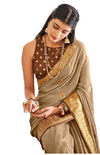 Golden Embroidered Sequins Work Cotton Silk Fancy Saree For Party Wear